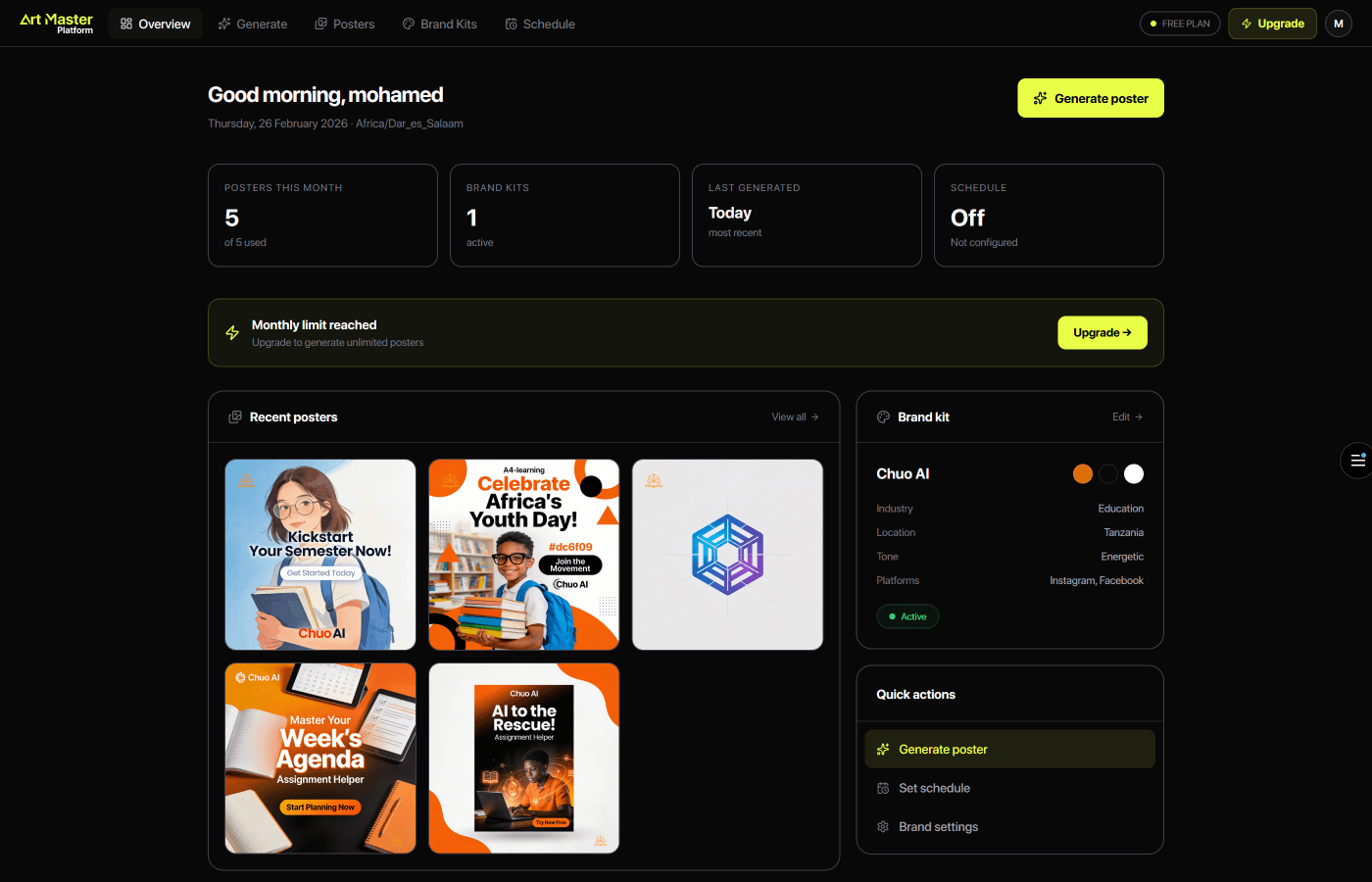 Art Master dashboard — overview, posters, brand kit, and quick actions