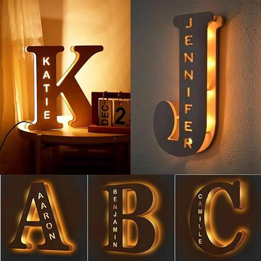 Custom Wooden Engraved Name Wall Initial Light Personalized Night Lights 